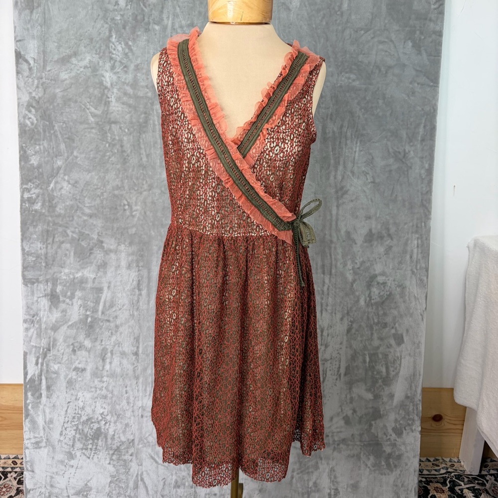Vtg Young Essence Wrap Dress M Lace Sleeveless Forest Fairy Boho